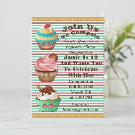 Cupcake Wars Bake Off Birthday gestreift einladen Einladung (Stehend Vorderseite)