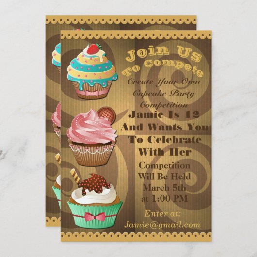 Cupcake Wars Bake Off Birthday Gold Swirt laden Einladung (Vorne/Hinten)