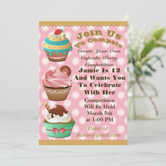Cupcake Wars Bake Off Birthday Pink Polka Einladun Einladung (Stehend Vorderseite)
