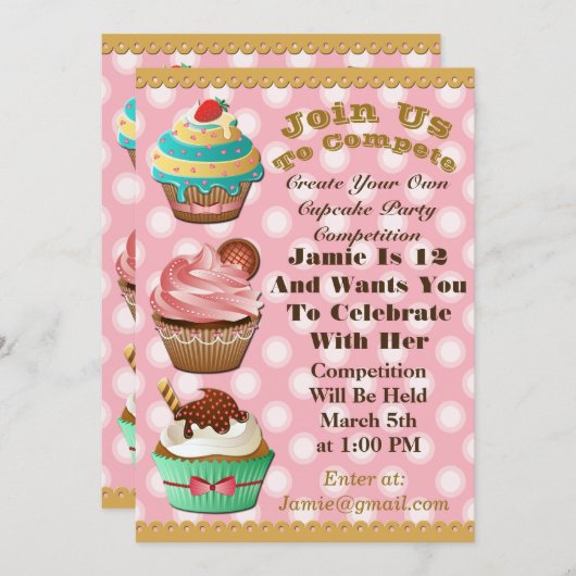 Cupcake Wars Bake Off Birthday Pink Polka Einladun Einladung (Vorne/Hinten)