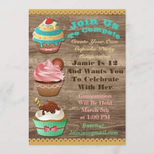 Cupcake Wars Bake off Geburtstag braunes Holz Einl Einladung