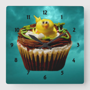 Cupcake with Bird Clock Quadratische Wanduhr