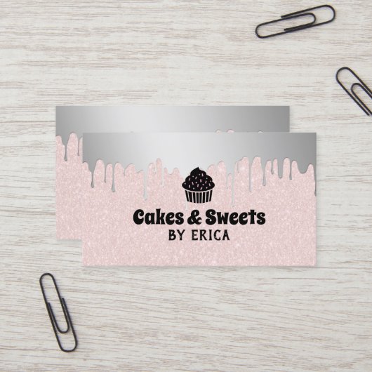 Cupcake Zuhause Bakery Silver Drilling Blush Pink Visitenkarte (Vorderseite/Rückseite Beispiel)
