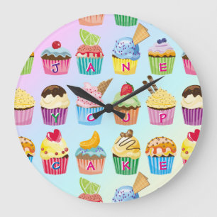 Cupcakes Add your Name Monogram Delicious Leckerei Große Wanduhr