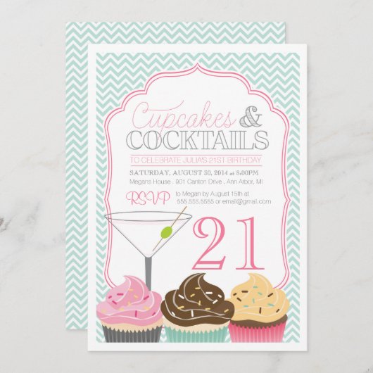 Cupcakes & Cocktails Erwachsene Einladung zum Gebu (Vorne/Hinten)