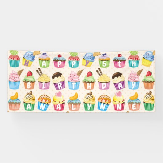Cupcakes Glücklich Geburtstag Fügen Sie Ihren Name Banner (Horizontal)