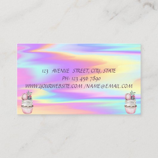 Cupcakes Macaron Bäckerei farbenfroh holografisch Visitenkarte (Rückseite)