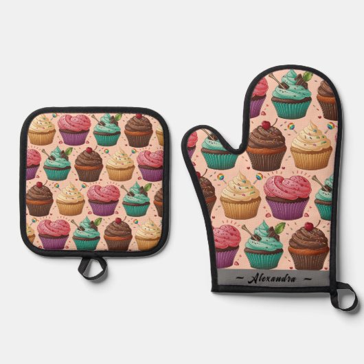 Cupcakes (Personalisiert) Ofenhandschuh & Topflappen-Set (Vorderseite)