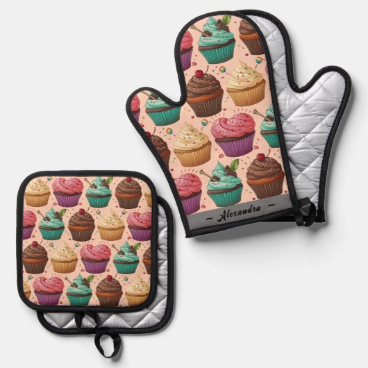 Cupcakes (Personalisiert) Ofenhandschuh & Topflappen-Set (Vorderseite/Rückseite)