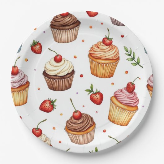 Cupcakes und Erdbeeren Pappteller (Vorderseite)