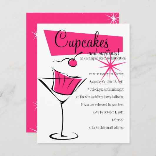 Cupcakes und Martinis in heiß rosa Einladung (Vorne/Hinten)