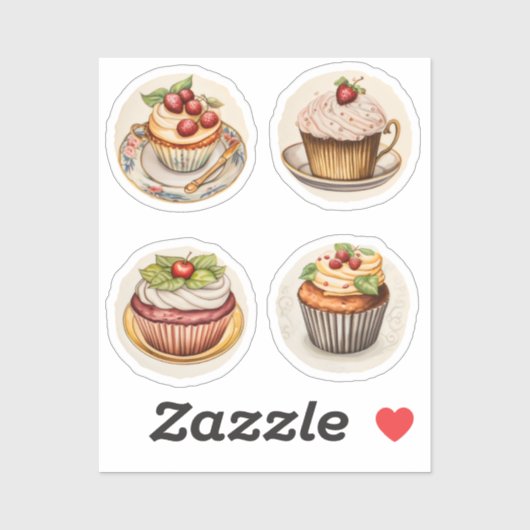 Cupcakes und Tassen 8 Aufkleber (Blatt)