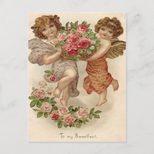 Cupid Cherub Engel Korb Rosen Rose Postkarte