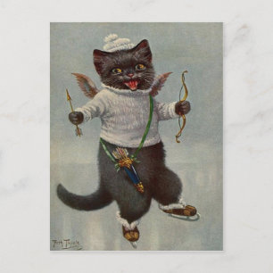 Cupid-Katze beim Eislaufen Vintage-Postkarte frühe Postkarte