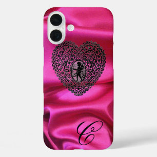 CUPID LACE HERZ SEIDE SCHWARZ FUCHSIA STOFF MONOGR iPhone 16 PLUS HÜLLE