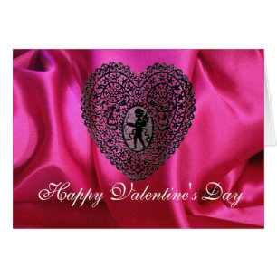 CUPID LACE HERZ SEIDEN FUCHSIA STOFF , Rosa Schwar