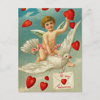 Cupid liefert Herzen an einer Taube Postkarte