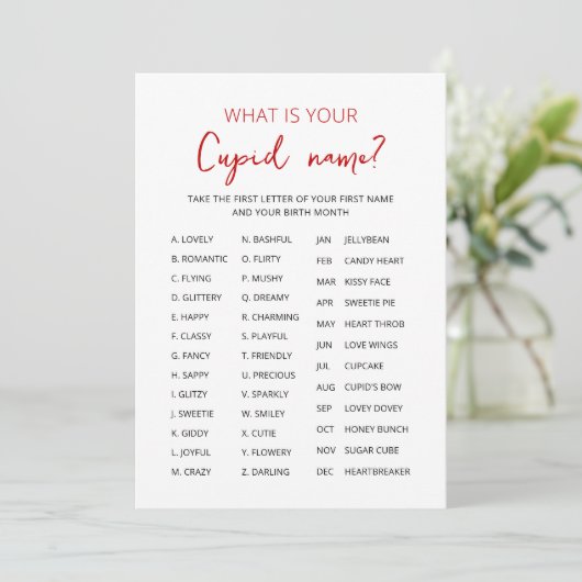 Cupid Name Game Valentine's Day Party Einladung (Stehend Vorderseite)