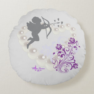 Cupid Perlen Florales Herz Silber Grau Rundkissen Rundes Kissen