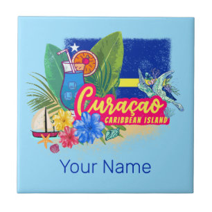 Curaçao Retro-Karibikinsel mit Schildkröte Vintage Fliese
