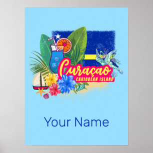 Curaçao Retro-Karibikinsel mit Schildkröte Vintage Poster