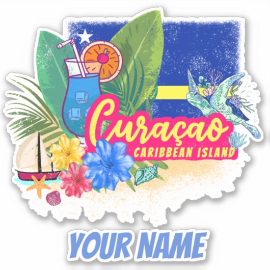 Curacao Retro-Karibische Insel mit Schildkröte Vin Aufkleber (Vorderseite)