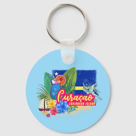 Curacao Retro-Karibische Insel mit Schildkröte Vin Schlüsselanhänger (Vorderseite)