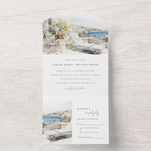 Curfu Griechenland Wasserfarbenlandschaft Hochzeit All In One Einladung (Innen)