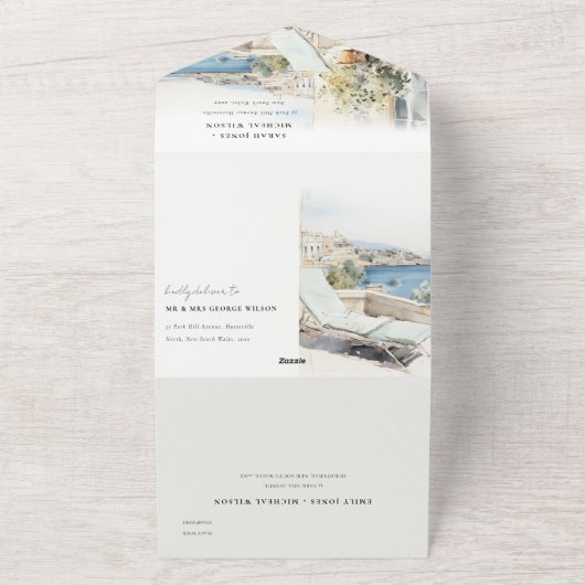 Curfu Griechenland Wasserfarbenlandschaft Hochzeit All In One Einladung (Außenbereich)