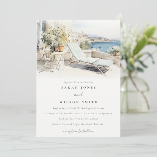 Curfu Griechenland Wasserfarbenlandschaft Hochzeit Einladung (Stehend Vorderseite)
