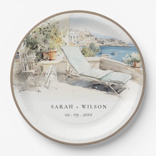 Curfu Griechenland Wasserfarbenlandschaft Hochzeit Pappteller (Vorderseite)