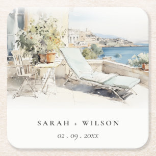 Curfu Griechenland Wasserfarbenlandschaft Hochzeit Rechteckiger Pappuntersetzer