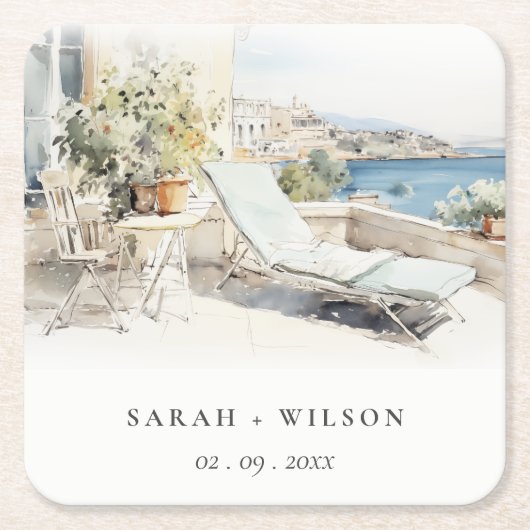 Curfu Griechenland Wasserfarbenlandschaft Hochzeit Rechteckiger Pappuntersetzer (Vorderseite)