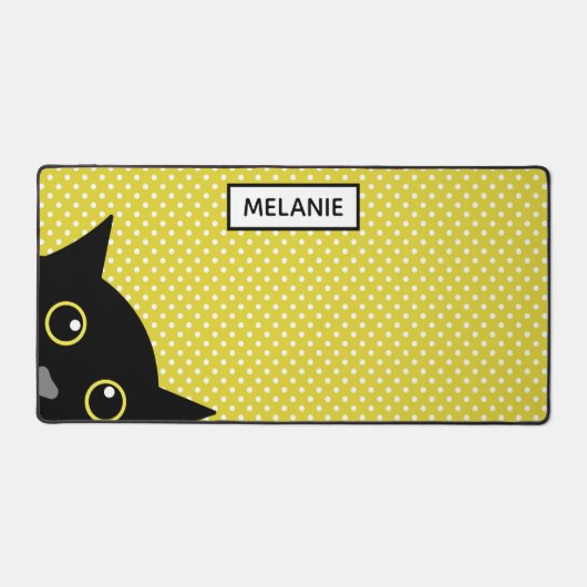 Curious Black Cat Yellow Polka Dot Personalised Schreibtischunterlage (Vorderseite)