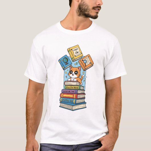 Curious Bookworm Kitten Illustration T-Shirt (Vorderseite)