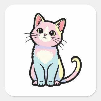 Curious Cat – Cute Kawaii Animal Illustration Quadratischer Aufkleber