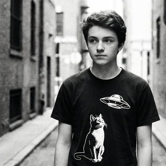 Curious Cat Watching UFO – Funny Alien Cat Sci-Fi T-Shirt