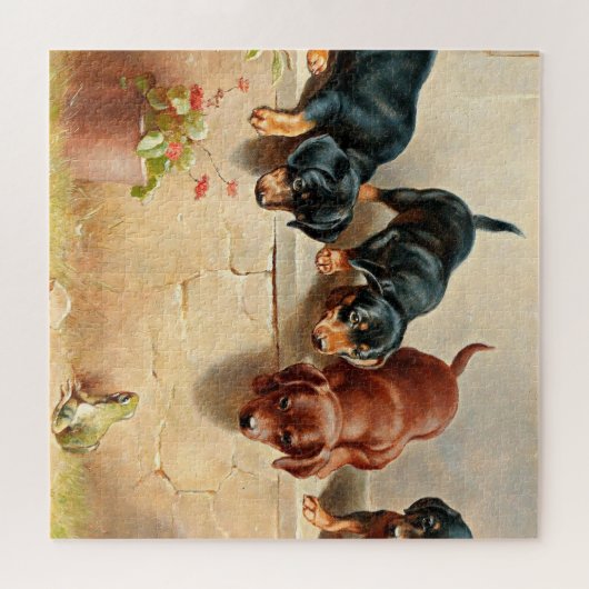 Curious Dachshund Puppies and a Frog, painting Puzzle (Horizontal)