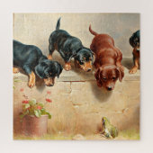 Curious Dachshund Puppies and a Frog, painting Puzzle (Vertikal)