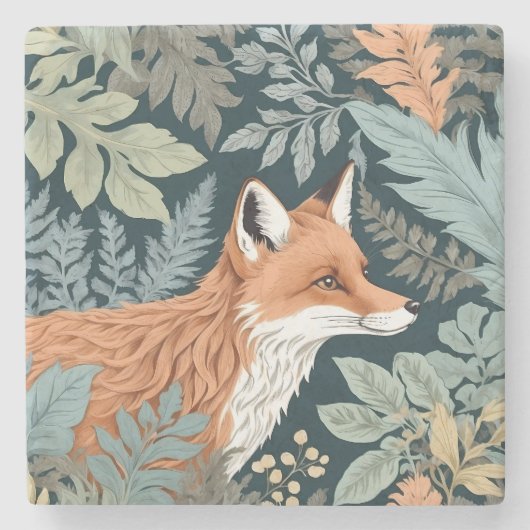Curious Fox Fern Blätter William Morris Inspiriert Steinuntersetzer (Vorderseite)