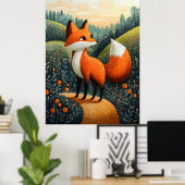 Curious Fox in Meadow - Naïf Whimsical Wildlife Poster (Heimbüro)