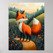 Curious Fox in Meadow - Naïf Whimsical Wildlife Poster (Vorne)