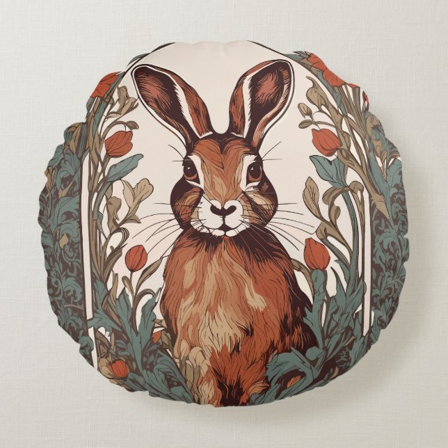 Curious Hare William Morris Inspirierte floral Rundes Kissen (Vorderseite)