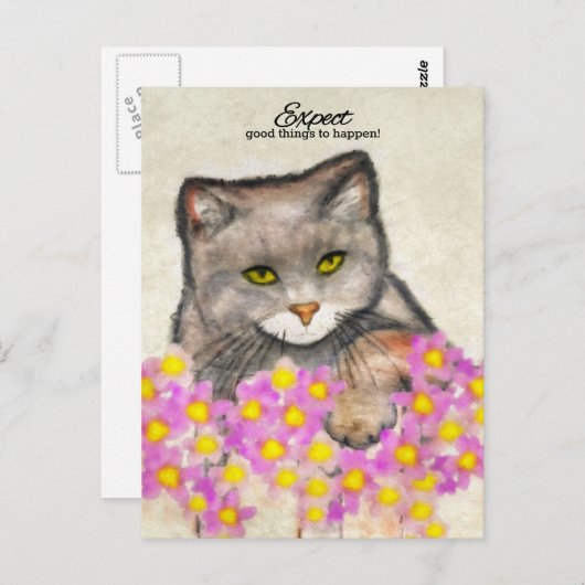 Curious Kitty - "Erwarte, dass gute Dinge passiere Postkarte (Vorne/Hinten)