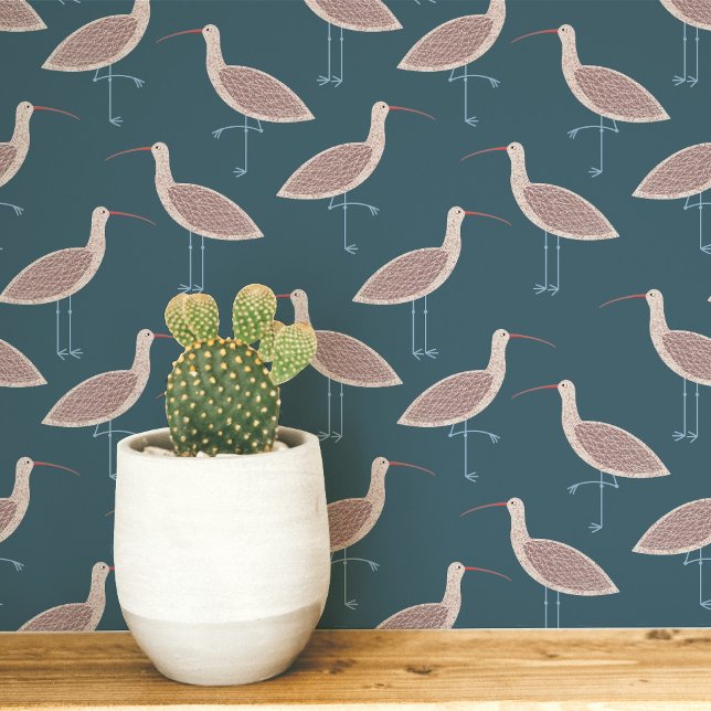 Curlew Bird Coasttern Muster Tapete (Curlew coastal bird teal green art peel and stick wallpaper)