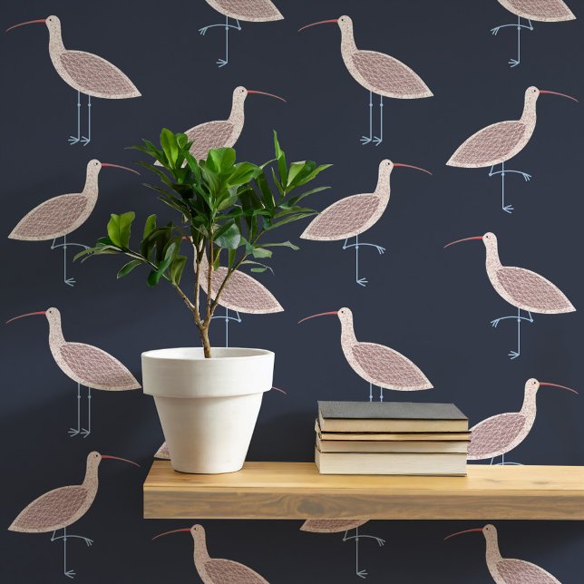 Curlew Bird Coasttern Muster Tapete (Curlew coastal bird pattern dark charcoal gray art peel and stick wallpaper)