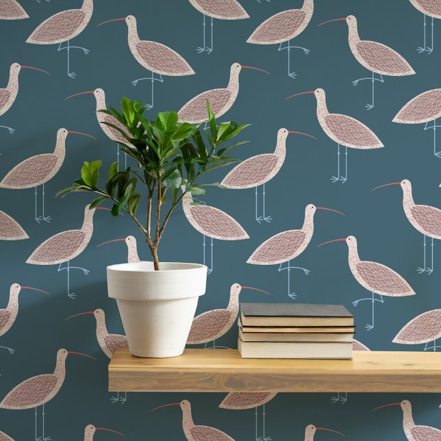 Curlew Bird Coasttern Muster Tapete (Curlew coastal bird teal green art peel and stick wallpaper)