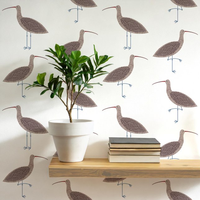 Curlew Bird Coasttern Muster Tapete (Curlew coastal bird art peel and stick wallpaper)