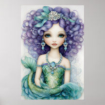 Curlhaariges Girl Green Mermaid Poster