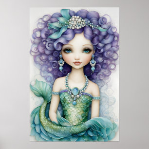 Curlhaariges Girl Green Mermaid Poster